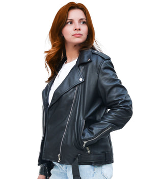 Lina Genuine Leather Biker Jacket For Women Zipper Closure Black