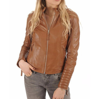 Ceylan Stand Collar Leather Biker Jacket Tan
