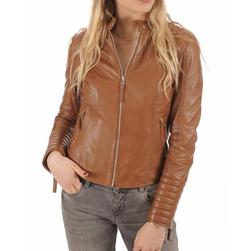 Ceylan Stand Collar Leather Biker Jacket Tan