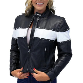 Melis Studded Biker Leather Jacket with Stand Colour Black