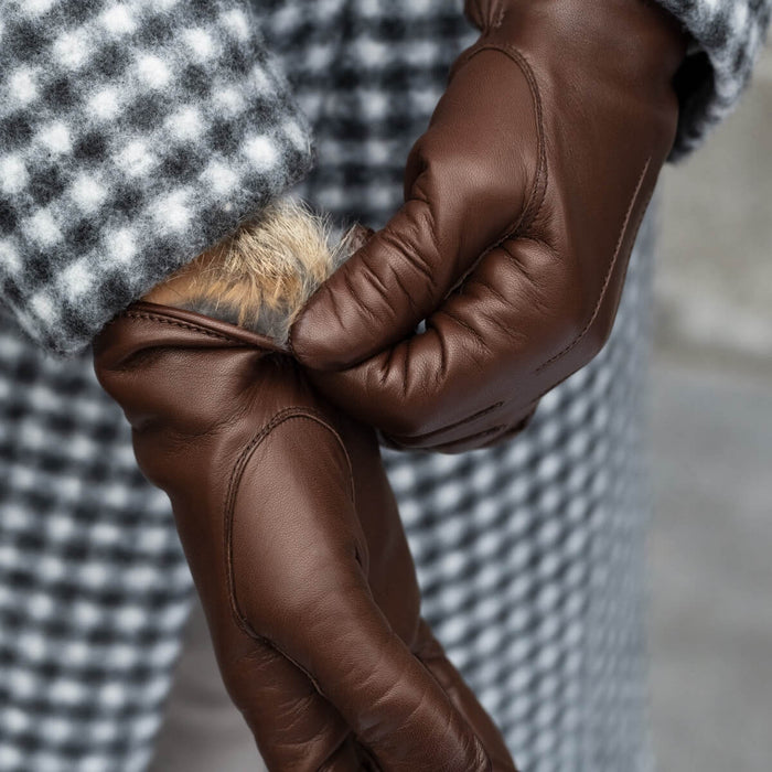 Francesca (brown) - Italian lambskin leather gloves with brown rabbit fur lining
