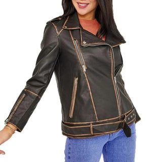 Belinay Women's Lapel Biker Leather Jacket Vintage Brown