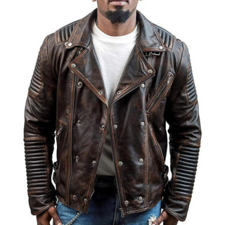 Aydin Lapel Zipper Leather Biker Jacket Brown