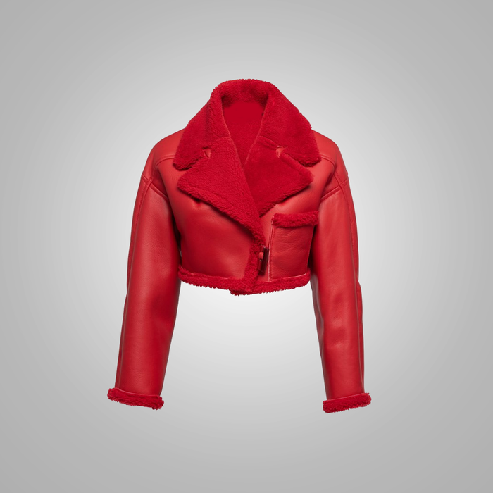 Women Red Pilot Aviator Flight  B3 Bomber Faux Fur Shearling Real Sheepskin Leather Jacket