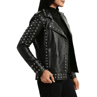 Esin Studded Biker Leather Jacket with Lapel Collar Black