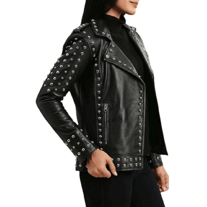 Esin Studded Biker Leather Jacket with Lapel Collar Black