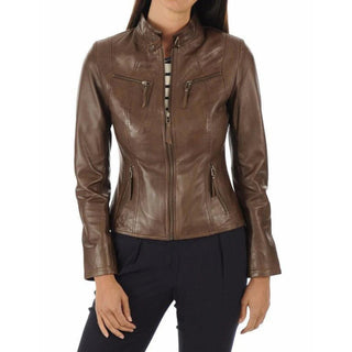 Melda Zipper Leather Biker Jacket with Collar Stand Brown