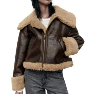 Ece Faux Shearling Bomber Leather Jacket for Women B3 Brown