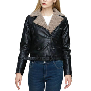Selin Faux Shearling Biker Leather Jacket with Lapel Collar Black