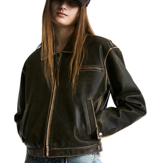 Ceren Classic Zipper with Aniline Biker Leather Jacket Vintage Brown.