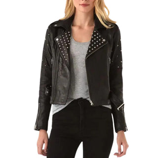 Mira Studded Biker Leather Jacket for Women with Lapel Collar Black
