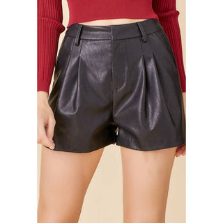 Poppy Women's Real Leather Pleated Detail Shorts Black