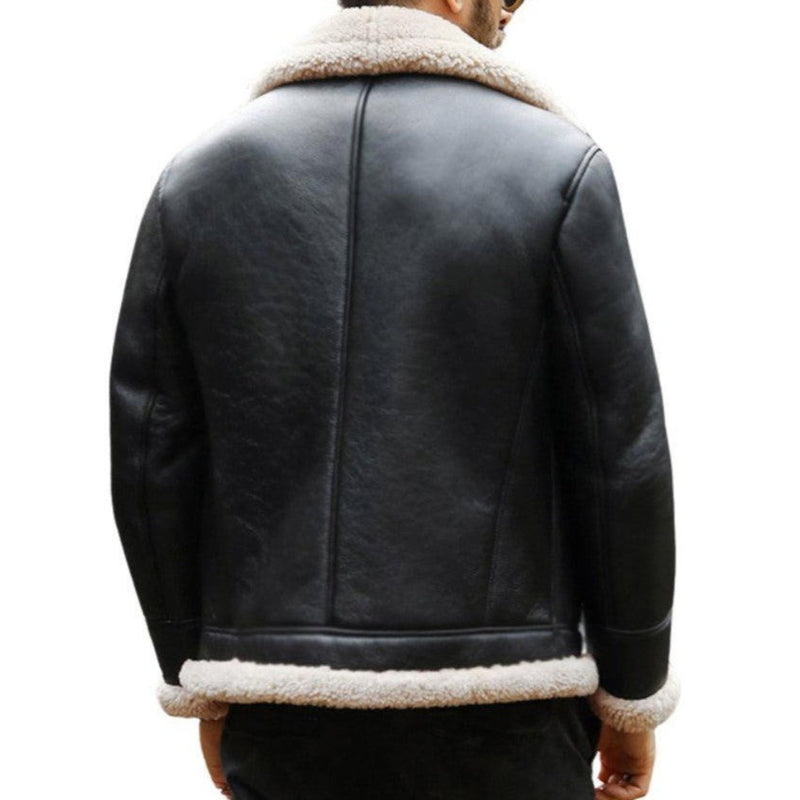 Adem Mens Leather Bomber Jacket with Faux Shearling Lining Black