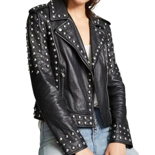 Defne Studded Biker Leather Jacket with Lapel Collar for Women Black