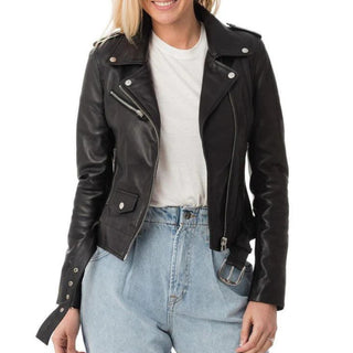Esra Lapel Collar Leather Biker Jacket for Women.