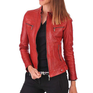 Elvan Aniline Leather Biker Jacket with Stand Collar Red