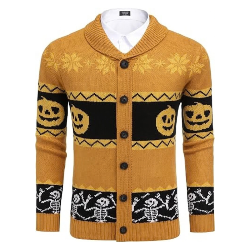 Men's Halloween Pumpkin Snowflake Cardigan Sweater