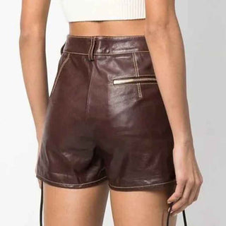 Maya Women's Genuine Leather High Waisted Shorts Brown