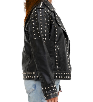 Afaaf Women’s Black Lambskin Leather Jacket Studded Biker Style