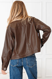 Faux Leather Drawstring Hem Jacket Women Utility Pocket Relaxed Fit