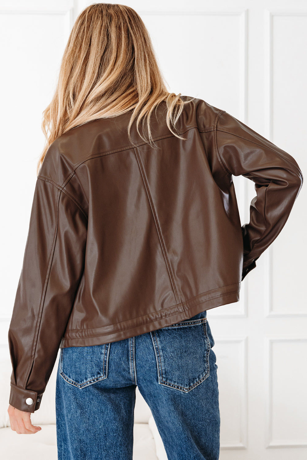 Faux Leather Drawstring Hem Jacket Women Utility Pocket Relaxed Fit