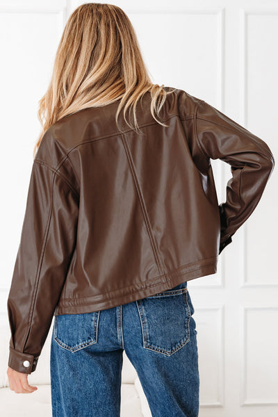 Faux Leather Drawstring Hem Jacket Women Utility Pocket Relaxed Fit