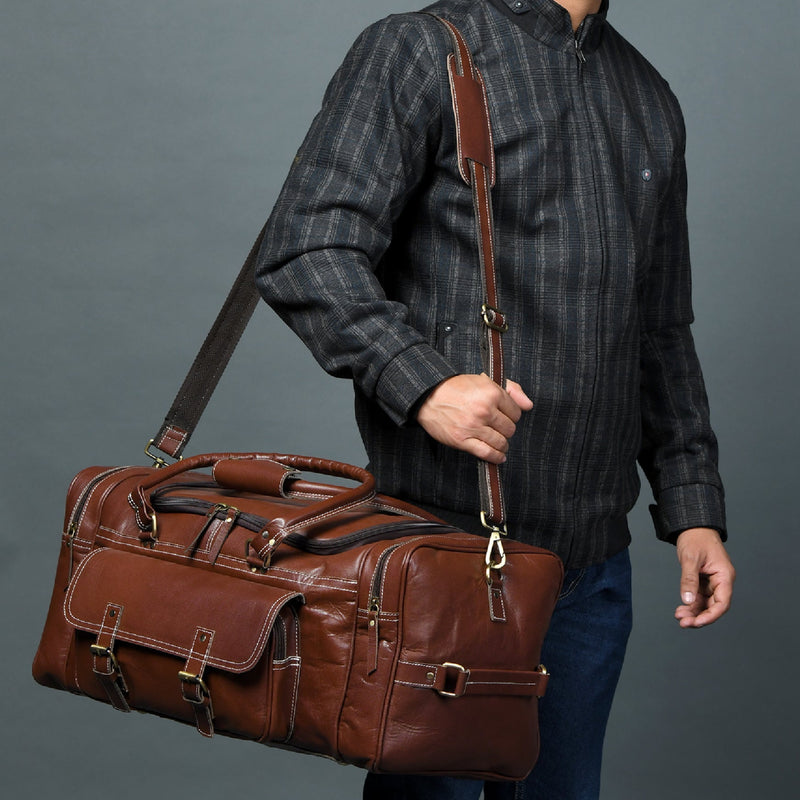 Vintage Brown Buffalo Leather Weekender Duffle
