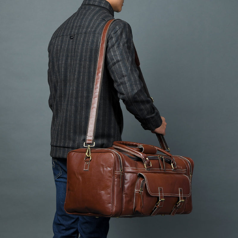 Vintage Brown Buffalo Leather Weekender Duffle