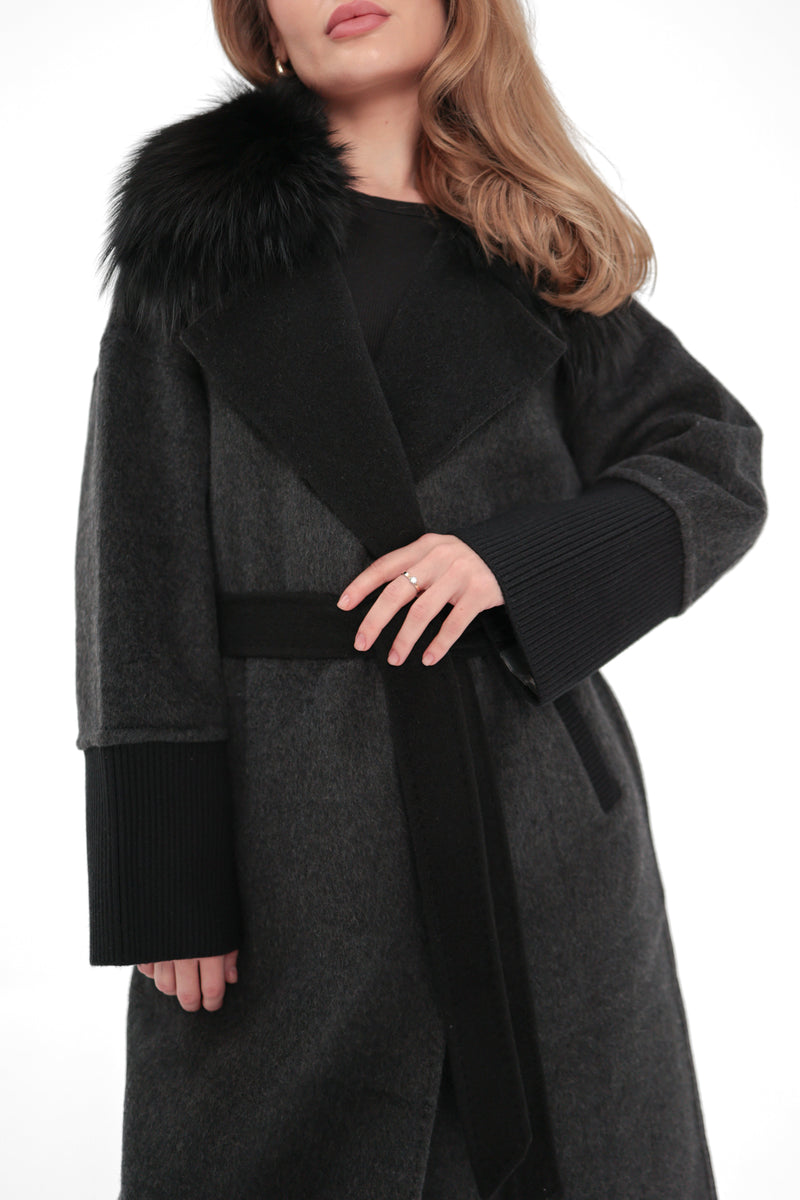 Graphite Cashmere Wool Coat with Silver Fox Fur