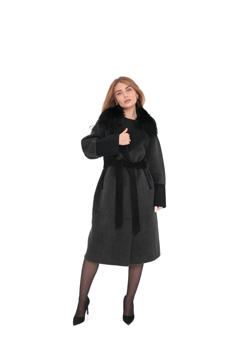 Graphite Cashmere Wool Coat with Silver Fox Fur