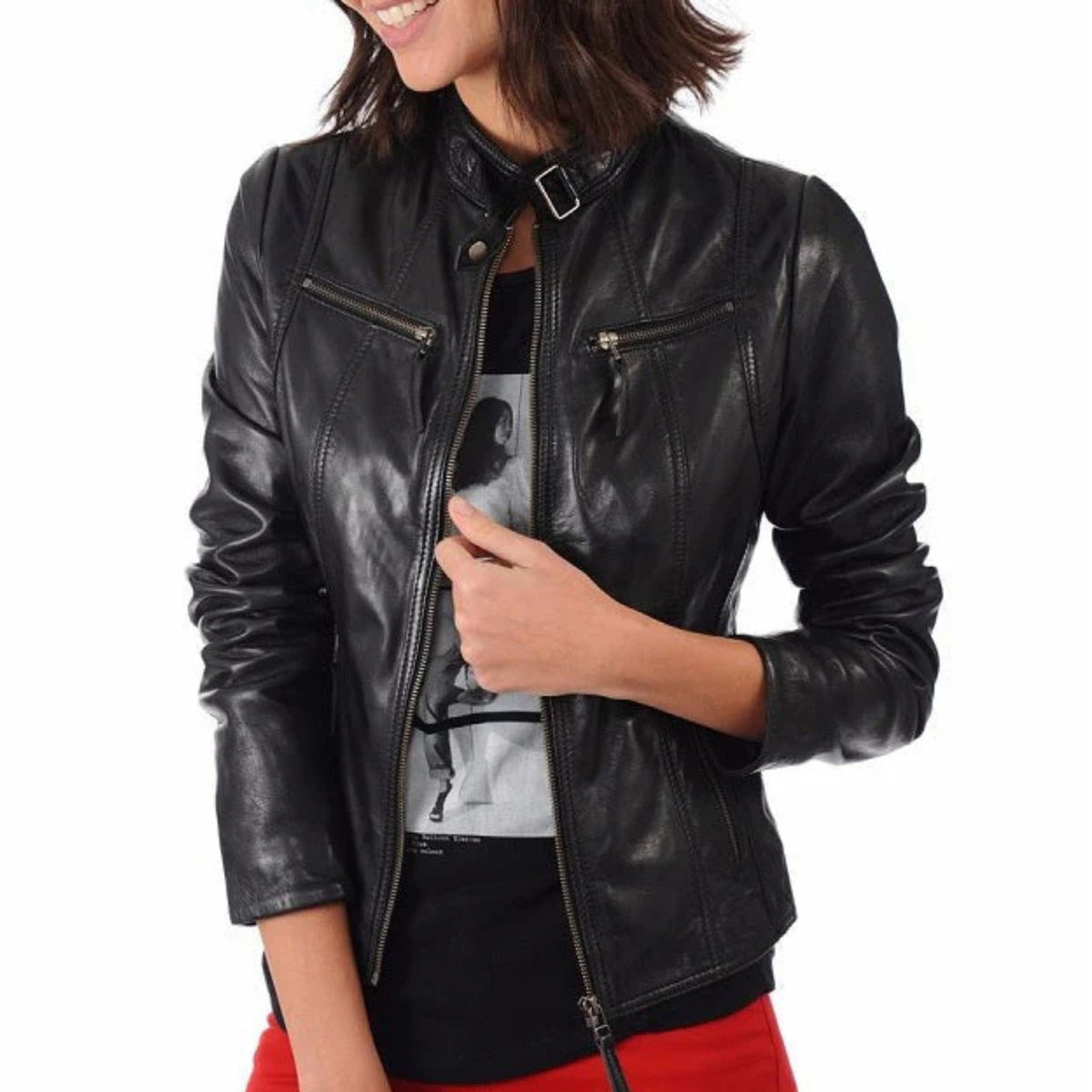 Hande Aniline Lambskin Leather Jacket for Women Black