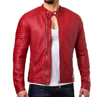 Aslan Stand Collar and Zipper Men's Leather Biker Jacket Red