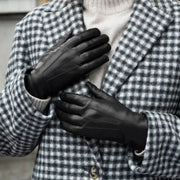 Francesca (black) - Lambskin leather gloves with brown rabbit fur lining