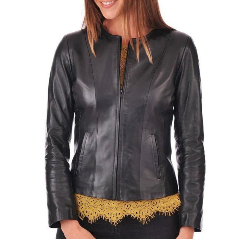 Derya Collarless Leather Biker Jacket for Women Black