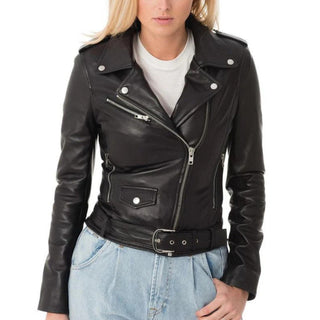 Esra Lapel Collar Leather Biker Jacket for Women.