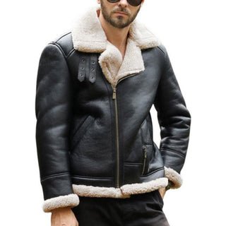 Adem Mens Leather Bomber Jacket with Faux Shearling Lining Black