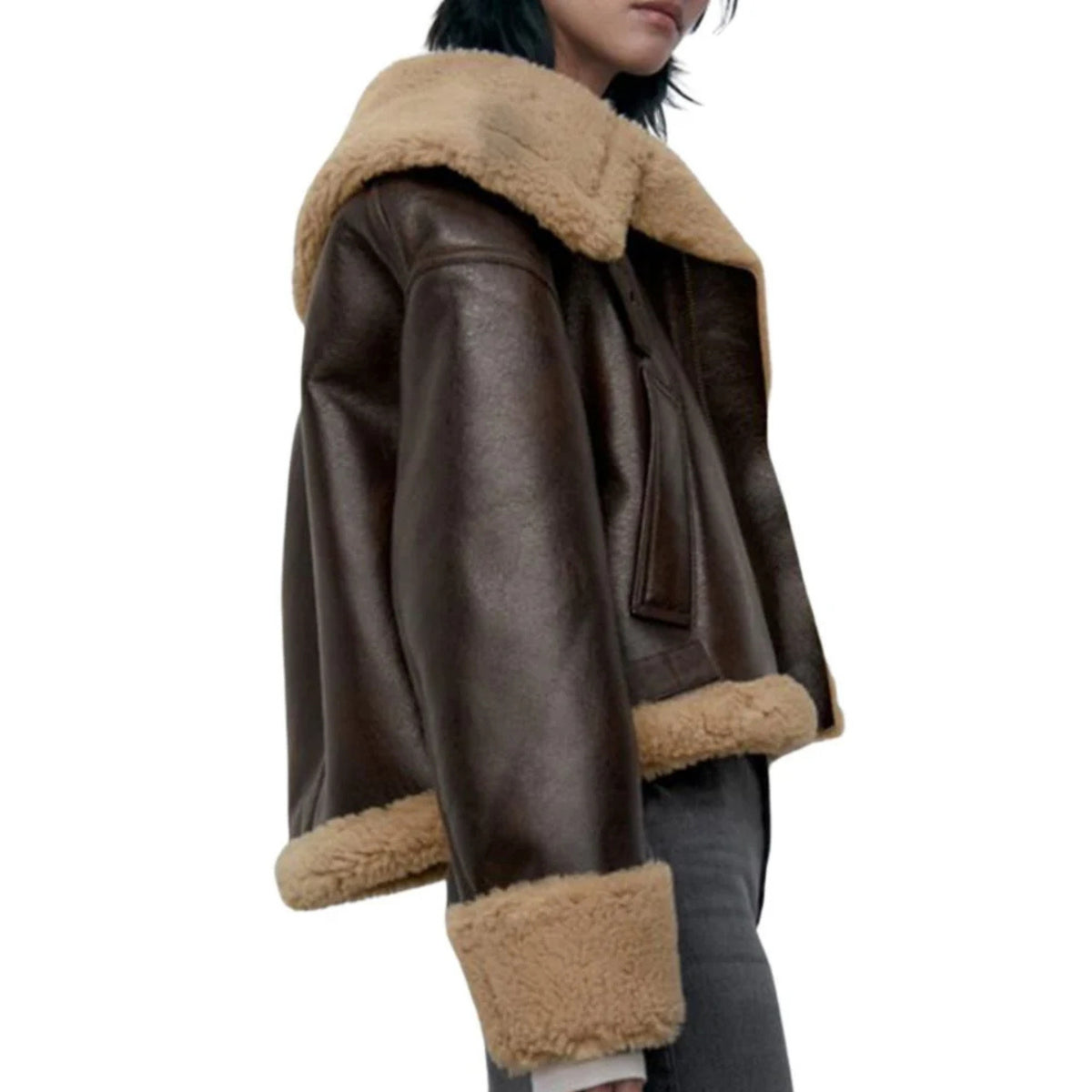 Ece Faux Shearling Bomber Leather Jacket for Women B3 Brown