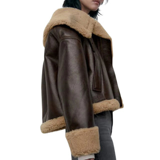 Ece Faux Shearling Bomber Leather Jacket for Women B3 Brown