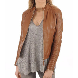 Ceylan Stand Collar Leather Biker Jacket Tan