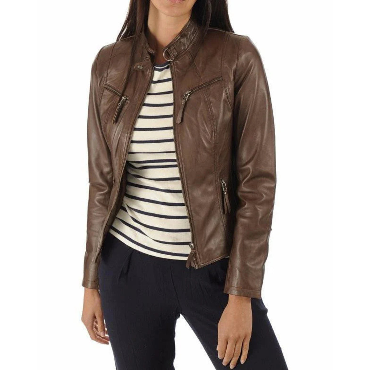 Melda Zipper Leather Biker Jacket with Collar Stand Brown