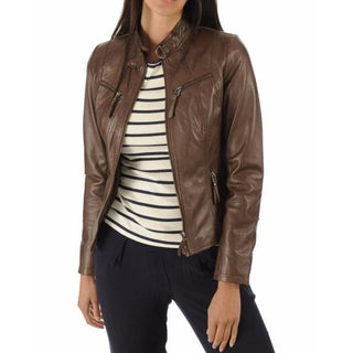 Melda Zipper Leather Biker Jacket with Collar Stand Brown