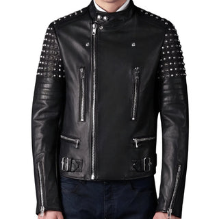 Eren Men's Bold Studded Accents Biker Leather Jacket Black