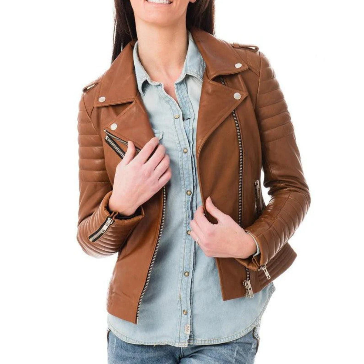 Beyza Women's Zipper Leather Biker Jacket Tan