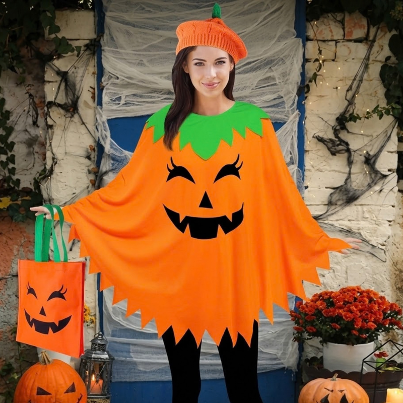 Women's Pumpkin Poncho Halloween Costume Set