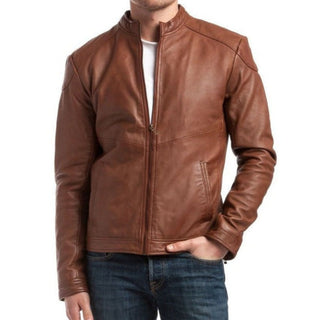 Akin Durable Zipper Leather Biker Jacket Tan