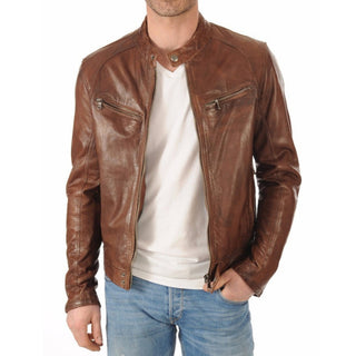 Emir Stand Collar Men's Leather Biker Jacket Brown