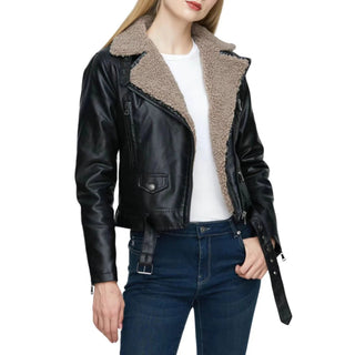Selin Faux Shearling Biker Leather Jacket with Lapel Collar Black