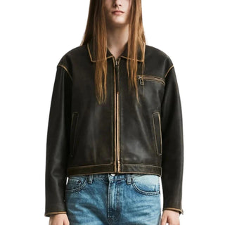 Ceren Classic Zipper with Aniline Biker Leather Jacket Vintage Brown.