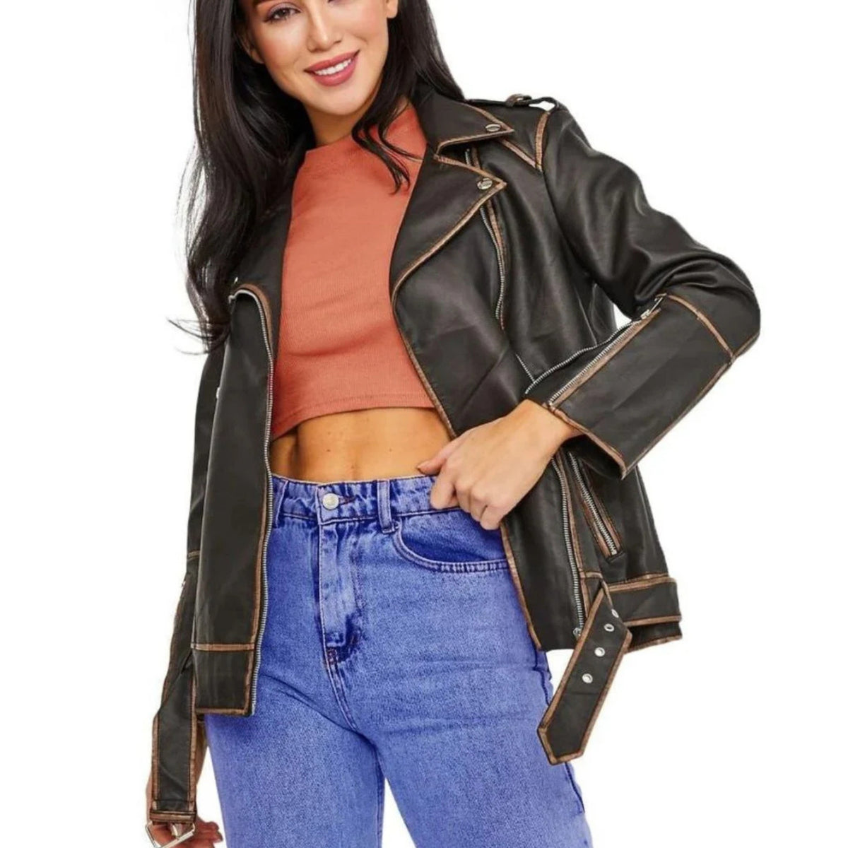 Belinay Women's Lapel Biker Leather Jacket Vintage Brown