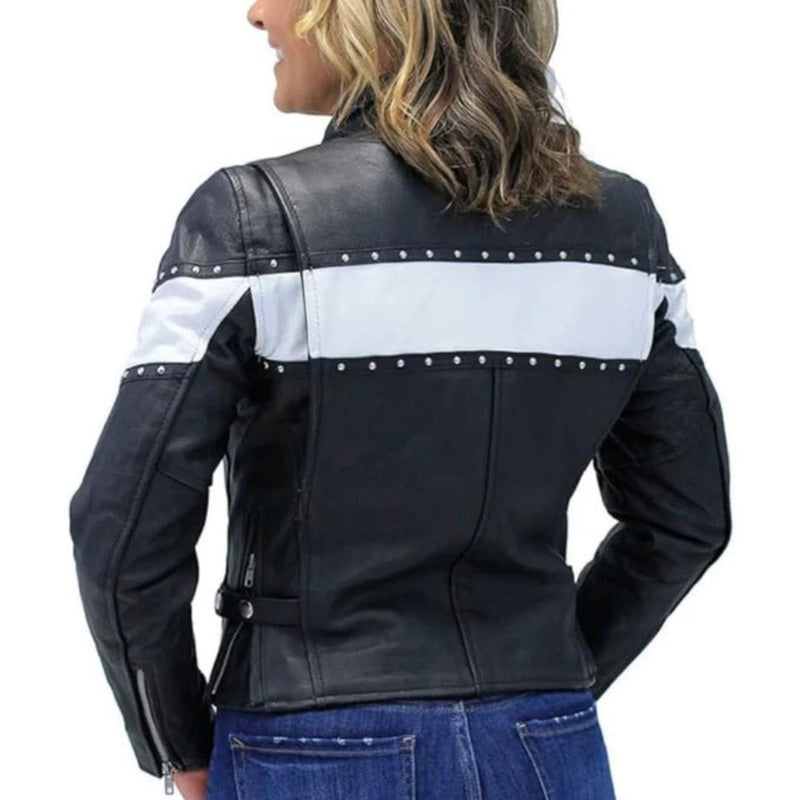 Melis Studded Biker Leather Jacket with Stand Colour Black